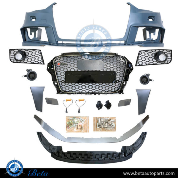 8V5807065-audi-a3-front-bumper-assembly-with-radiator-grille-rs3-look-china-parts-1.jpg Audi A3 (2013-2016), Front Bumper RS3 Look with Radiator Grille, China, 8V5807065