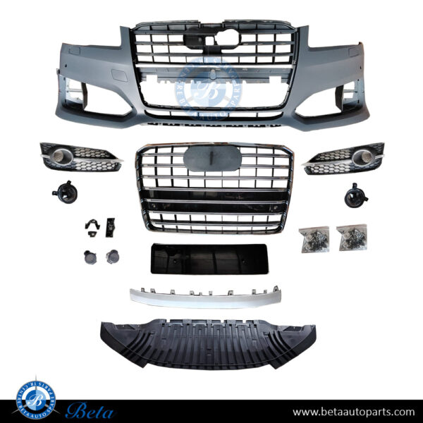 Audi-S8Front-Bumper-Assembly-w-grille-S-line-4H0807065Q-ASSY-from-China.jpg Audi A8 S-Line (2014-2017), Front Bumper with PDC, China, 4H0807065Q