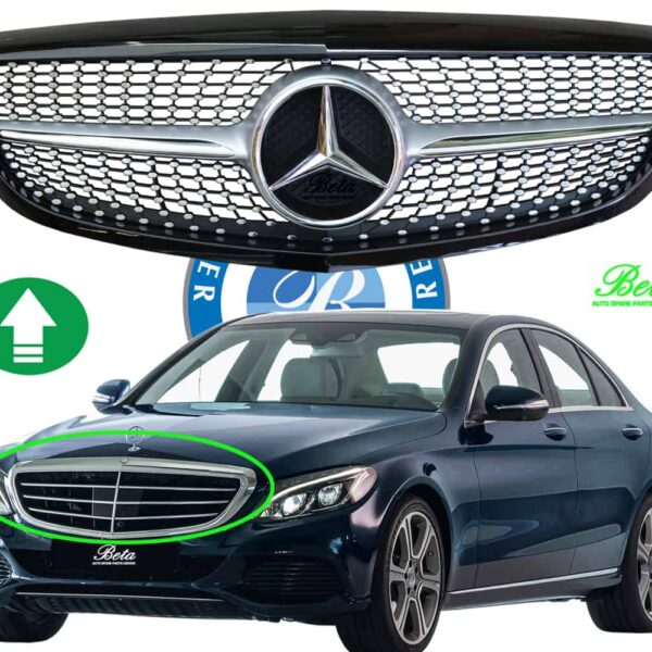 GRILLE-DIAMOND-STYLE-W205-15-BLACK-UPGRADE-CLASSIC-FROM-CHINA.jpg Mercedes C-Class W205 (2015-2018), Radiator Grille Diamond Look for Standard (Black and Chrome), China